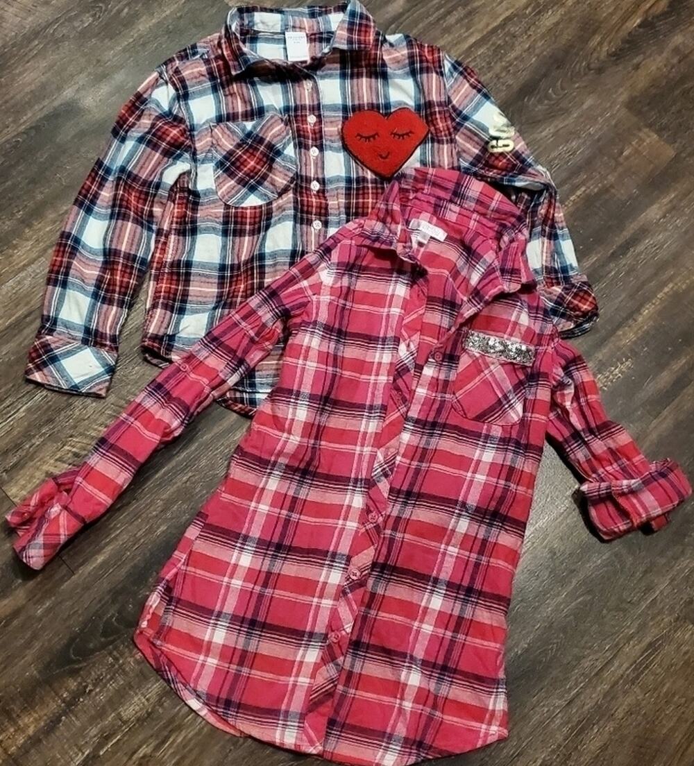 Girls Button Up Flannel Long Sleeve Shirts Set of 2 size 7/8